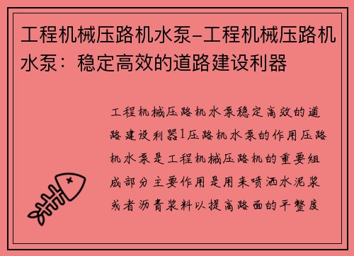 工程机械压路机水泵-工程机械压路机水泵：稳定高效的道路建设利器