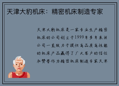 天津大豹机床：精密机床制造专家